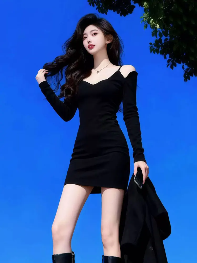 

Bla V-Ne oulder-Baring Long Sve Dr Women's Pure Desire Sexy ortie Slim Fit Inner Wear Base Layer Wrap around Mi...