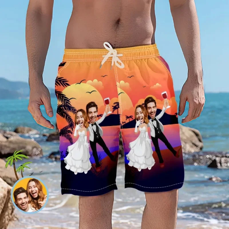 Custom Couple Face Beach Shorts Romantic Wedding Short Pants Funny Pineapple Shorts Swim Trunks Couple Shorts Couple Gift