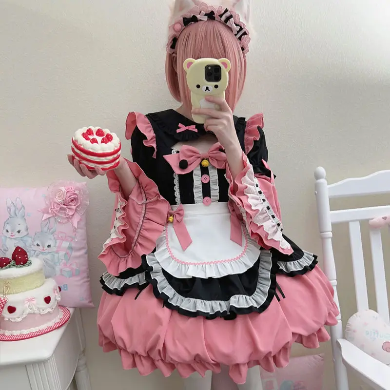 Kawaii urocza Lolita kokarda kostiumy pokojówka Cosplay kwiatowy pączek dziewczyna pokojówka strój dla kelnerki imprezowe kostiumy sceniczne