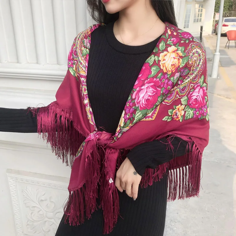 Women's cape ethnic style cheongsam shawl outer scarf Russian printed large scarf wrapped headscarf Poncho 135*135CM P1