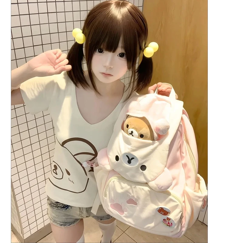 Kawaii Rilakkuma Plush Backpack Cute Cartoon Large Capacity Backpack Versatile for Girls Student Backpack Computer Bag Gift Toys