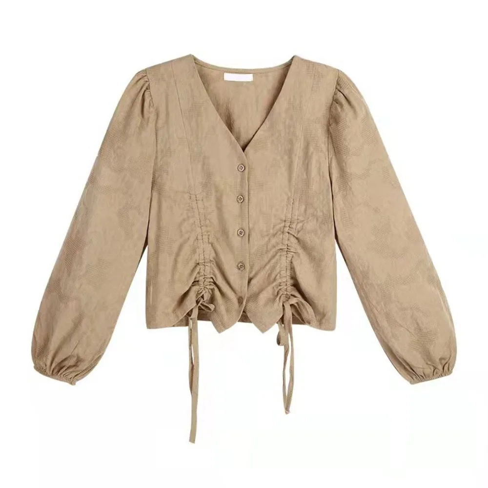 

Simple V-neck Lace-up Drawstring Blouse Irregular Loose Long Sleeve Shirts Autumn Spring Retro Ladies Shirt Top Female