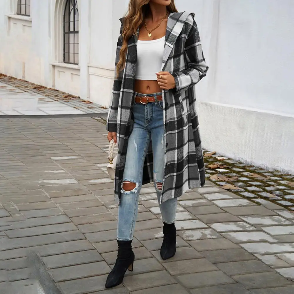 Plaid Coat Plaid Print Hooded Coat for Women Stylish Mid-length Outerwear with Pockets Contrast Color Detail for Spring Fall