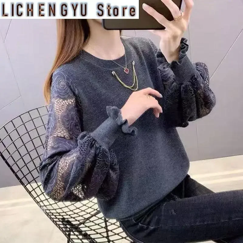 New Spring and Autumn Fashion Trend Hollow Out Embroidered Round Neck Foreigner Versatile Loose Thin Long Sleeve Knitted Sweater
