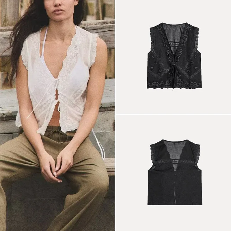 Printemps 2025 femmes Faionable coton mélange brodé v-ne Svel haut rue Sle fibre de Polyester 00% Z marque