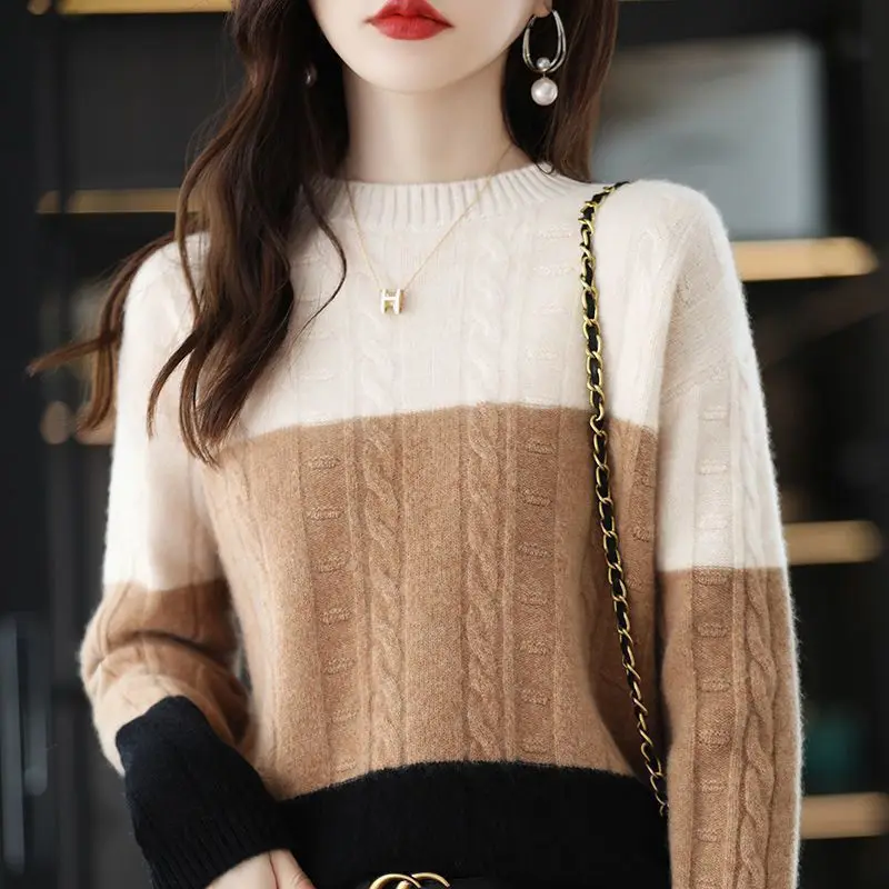 2022 Winter Office Lady Patchwork Knitting Loose O-neck Long Sleeve Pullovers Ladies Fashion Screw Thread Thick Sweater Women\'s