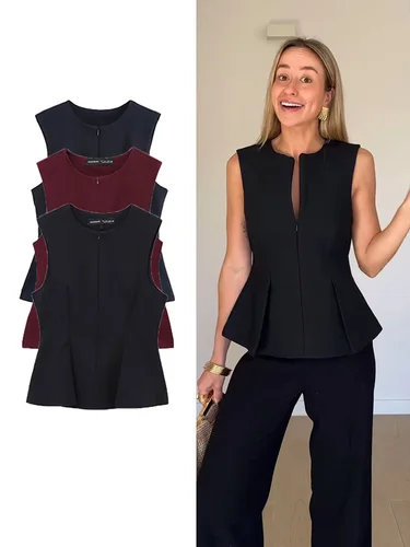 TFMLN 2025, Tops lisos con cremallera para mujer, camiseta sin mangas informal Vintage sin mangas con cuello redondo, chaleco plisado a la moda, Top de calle
