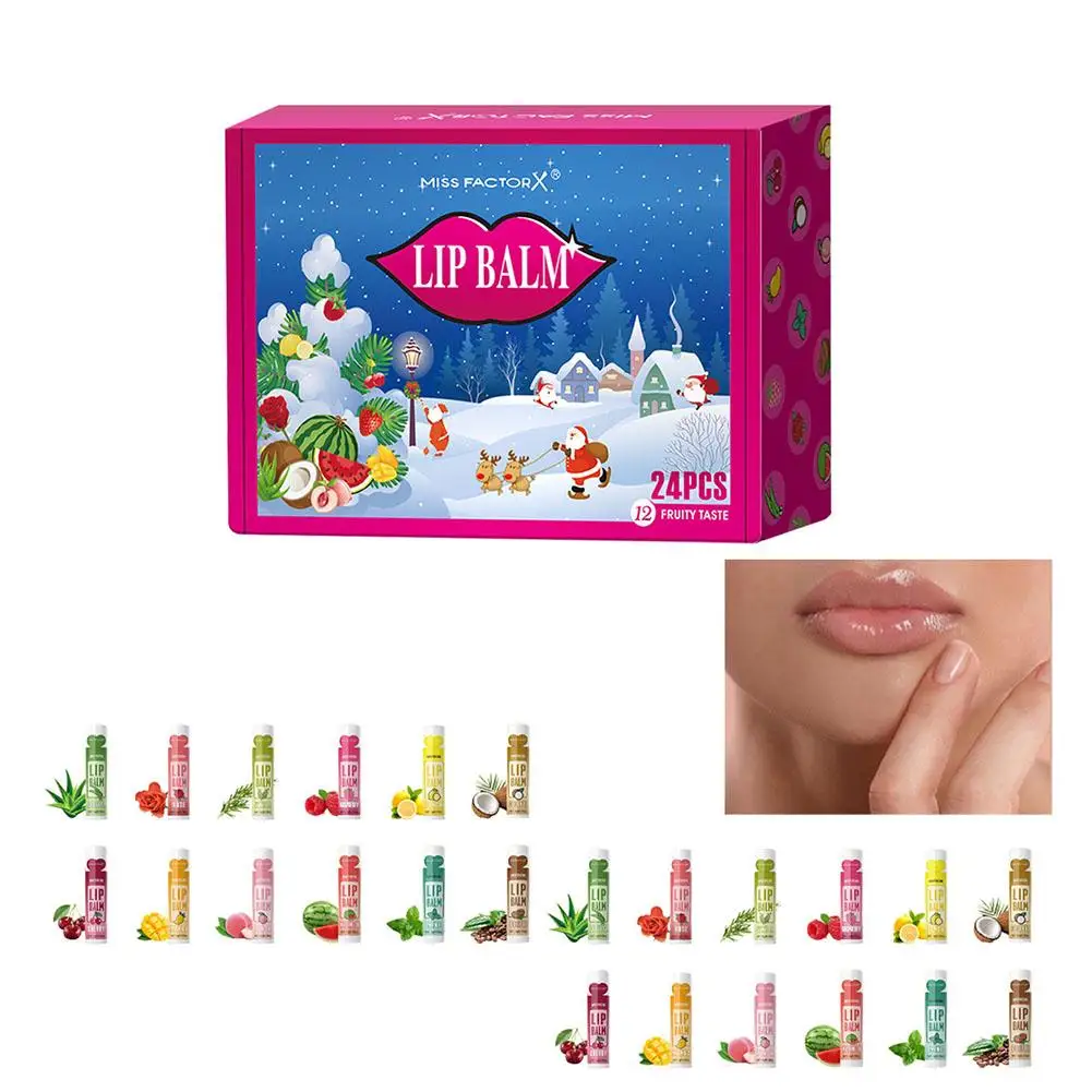 24 stks/doos 12 soorten bloem en fruit lippenbalsem set verhelderende en kleur Gift Natuurlijke geur exfoliërende lip hydraterende Q0B6