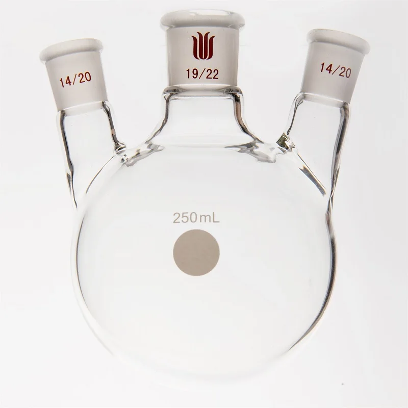 SYNTHWARE Small angle three necked ball bottle, 50mL 100mL 250mL, Heavy wall, High strength, Borosilicate glass flask, F44