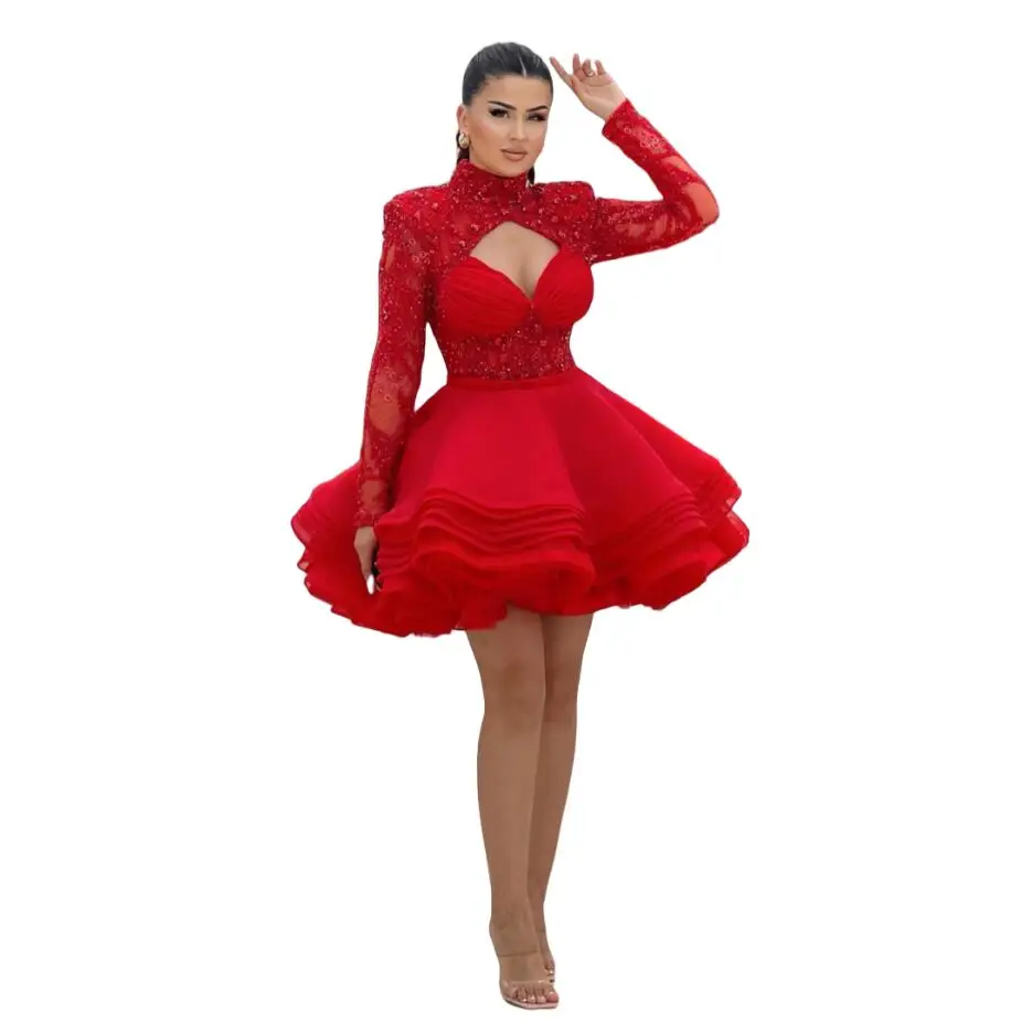 Red Prom Dresses Women Long Sleeves Party Dress Tiered Puff Skirt Heavy Beaded Sexy Evening Gown vestidos de Novia Customized