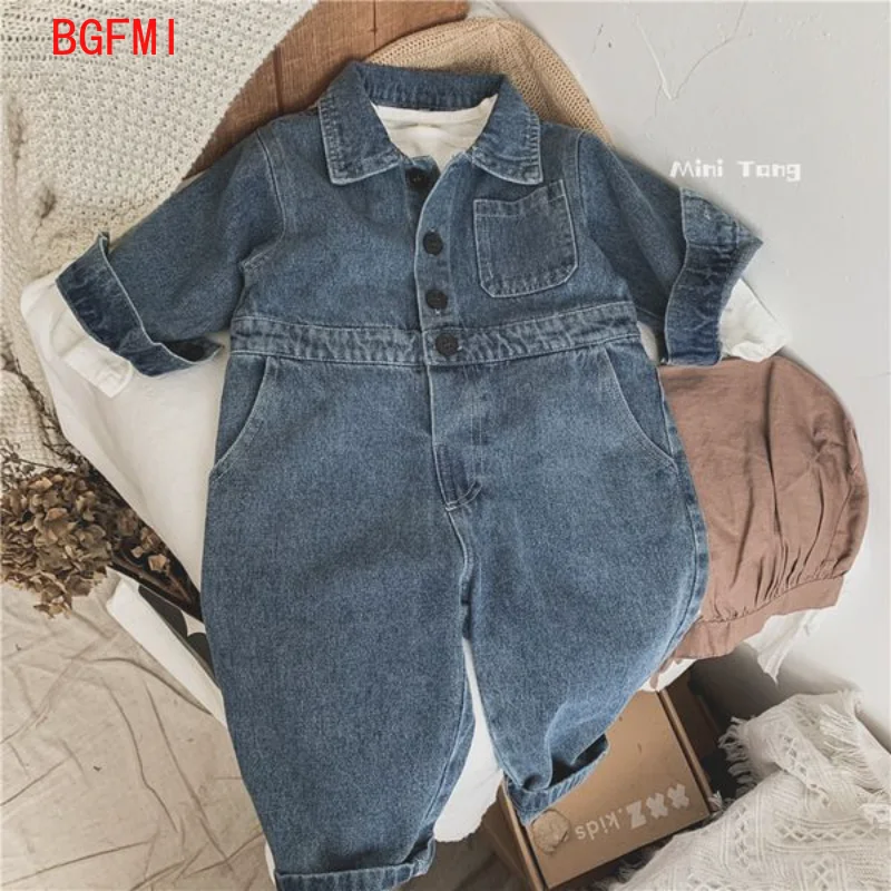 

Korean Kids Clothes Spring Autumn Casual Romper Children's Lapel Jeans Jumpsuit Boys Girls Outwear Long-sleeved trousers 9M-7Y