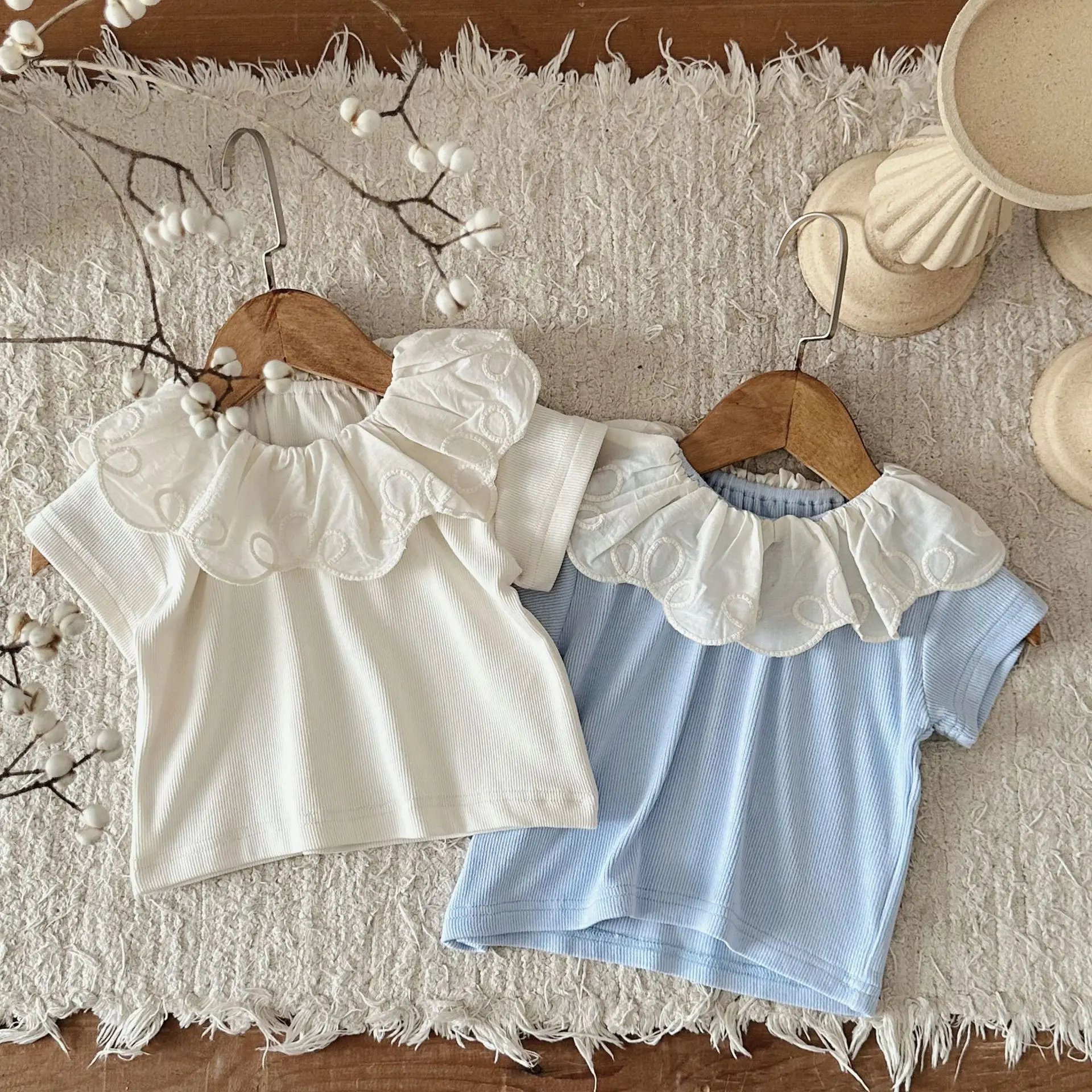 

2024 Summer Baby Short Sleeve T-shirt Toddler Girls Lace Lapel Tops Sweet Thin Pit Strip Infant Girls Cotton Bottoming Tees