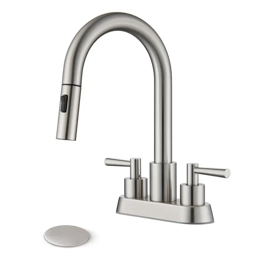 

Sink Faucet with Pull Out Sprayer 2 Handles, Brushed Nickel Pull Down Bathroom Faucet 3 Holes, 4 Inch Sink Faucet Bathroom, 360