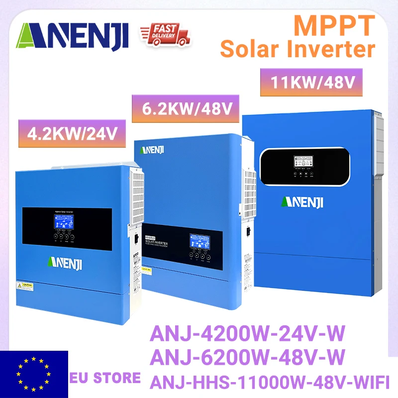 ANENJI 6.2KW 48V/4.2KW 24V/11KW 48V Hybrydowe Inwertery Solarnie 220V Czysta Sinusoida Podwójne Wyjście 120A/160A MPPT Inwerter Solarny Hybrydowy z WIFI do Paneli Słonecznych