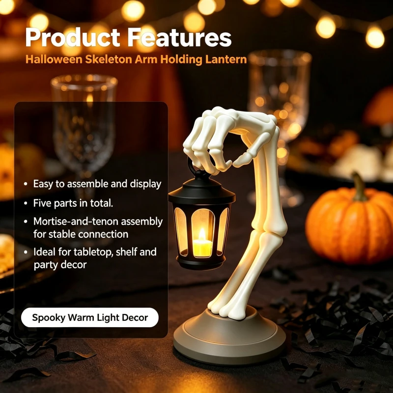 Halloween Skeleton Arm Lantern Lamp 2-Way Wall & Tabletop Gothic Decor Light Removable Warm Light for Window Party Indoor Decor
