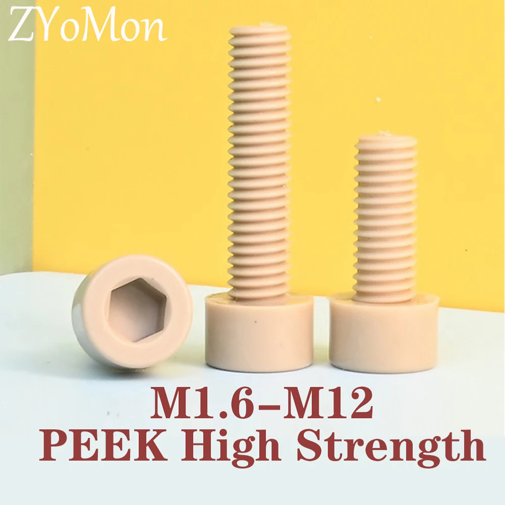 1/2pcs M1.6 M2 M3 M4 M5 M6 M8 M10 M12 PEEK Nylon Hex Socket Head Cap Screws Plastic Allen Bolts for Heat/ Electricity Insulation