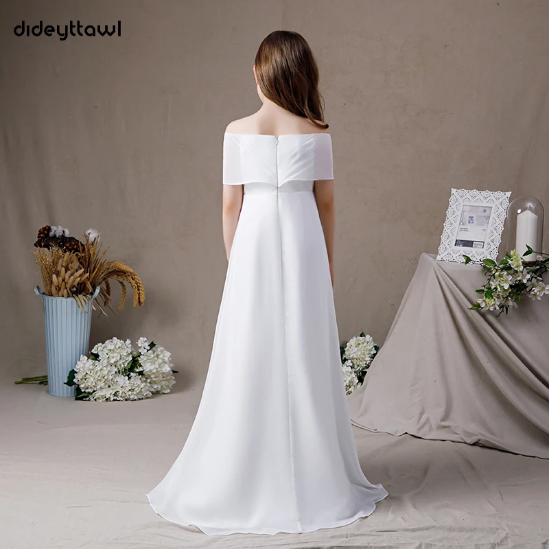 Dideyttawl White Off The Shoulder Chiffon Girl Dress Junior Bridesmaid Gown  A Line Floor Length First Communion