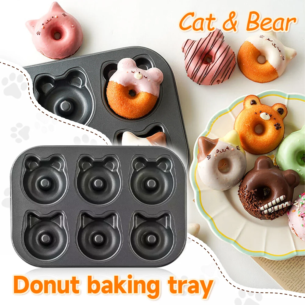 6 Cavity Cartoon Bear Donut Baking Pan Carbon Steel Non Stick Seamless Rolled Edge Bakeware For Home Kitchen Dessert Making