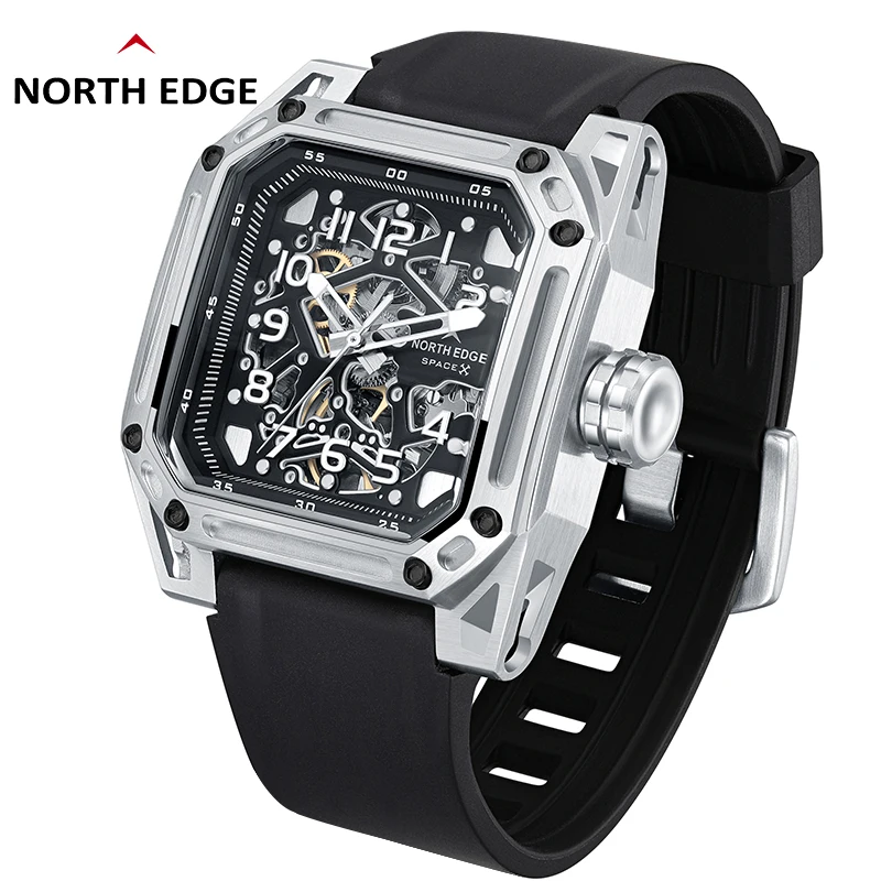 NORTH EDGE Men\'s Mechanical Watches Stainless Steel Skeleton Automatic Watch For Men Waterproof 100M Seagull\'s Movement Space X