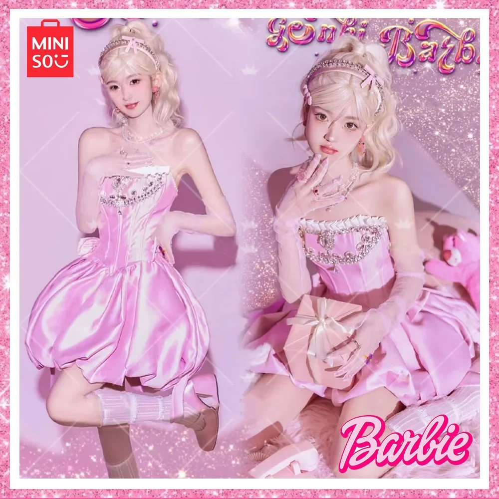 

2023Miniso New Fashion Barbie Pink Dopamine Sheath Dresses Portrait Costume American Sweetheart Teen Birthday Christmas Dresses