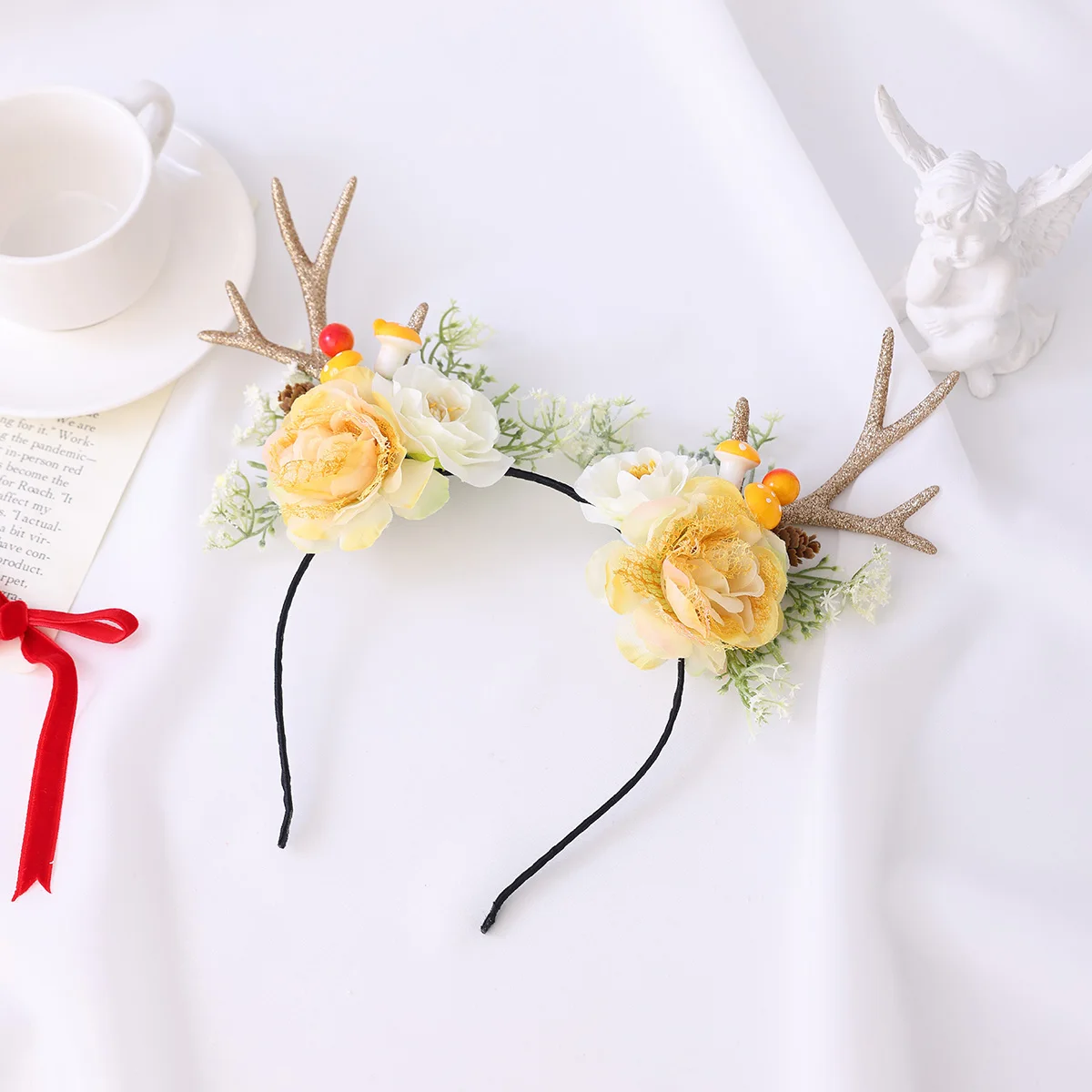 ربطة شعر مصنوعة يدويًا على شكل قرن الوعل الذهبي على شكل غزال بتصميم لطيف لإكسسوارات شعر التصوير الفوتوغرافي لحفلات عيد الميلاد اليومية #3