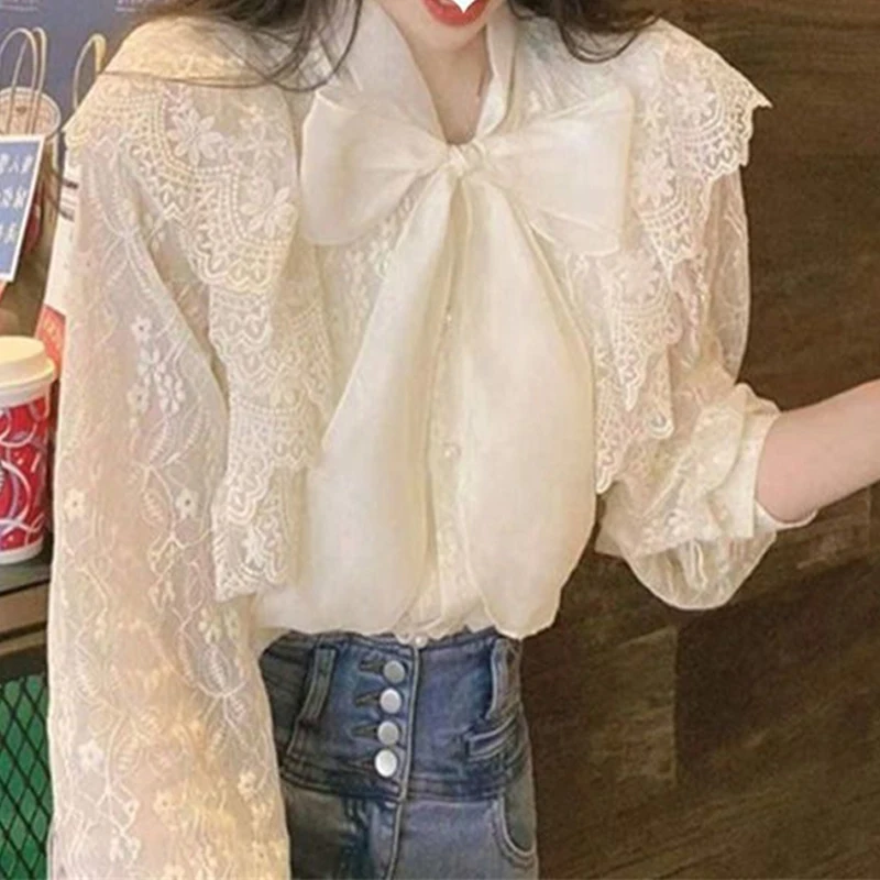 Women Vintage Embroidery Lace Bow Elegant Chic Shirts Spring Autumn Fashion Y2K Long Sleeve Solid Sweet Blouse Blusas Para Mujer