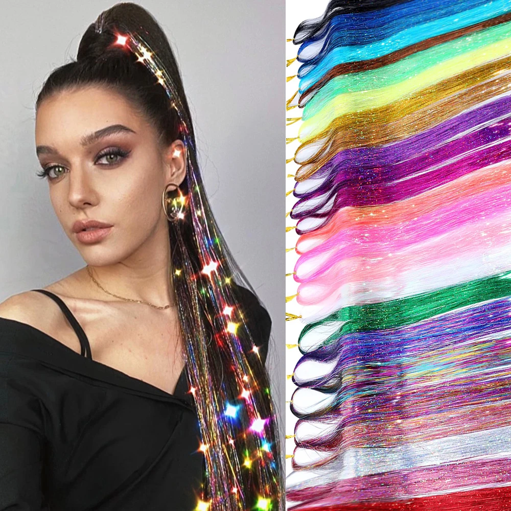 16 Farben glänzende Fäden Glitzer Haar Lametta Kit Gold Seide Haar Glitter String Verlängerungen Zubehör für Frauen Kopfschmuck