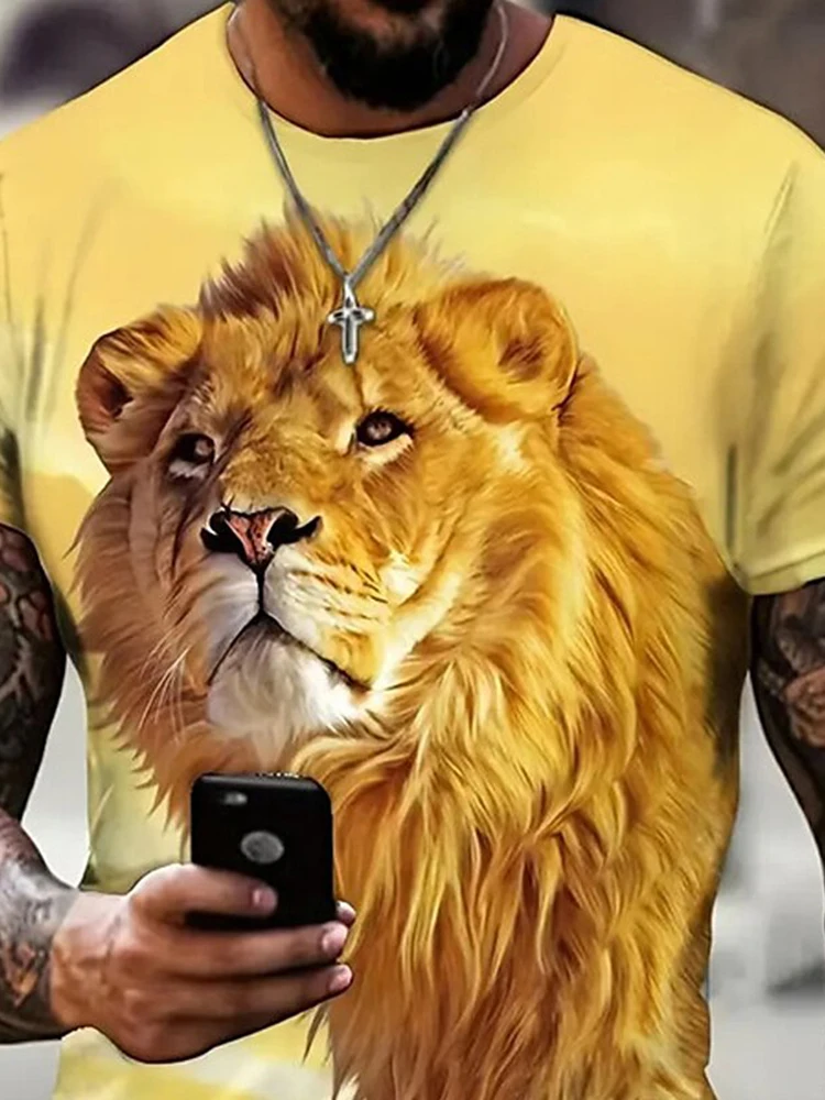 3D Lion and Knight Print Men's T-Shirt Summer Street Everyday Casual Fashion Comfortable Short Sleeve Top Creative Animal TShirt