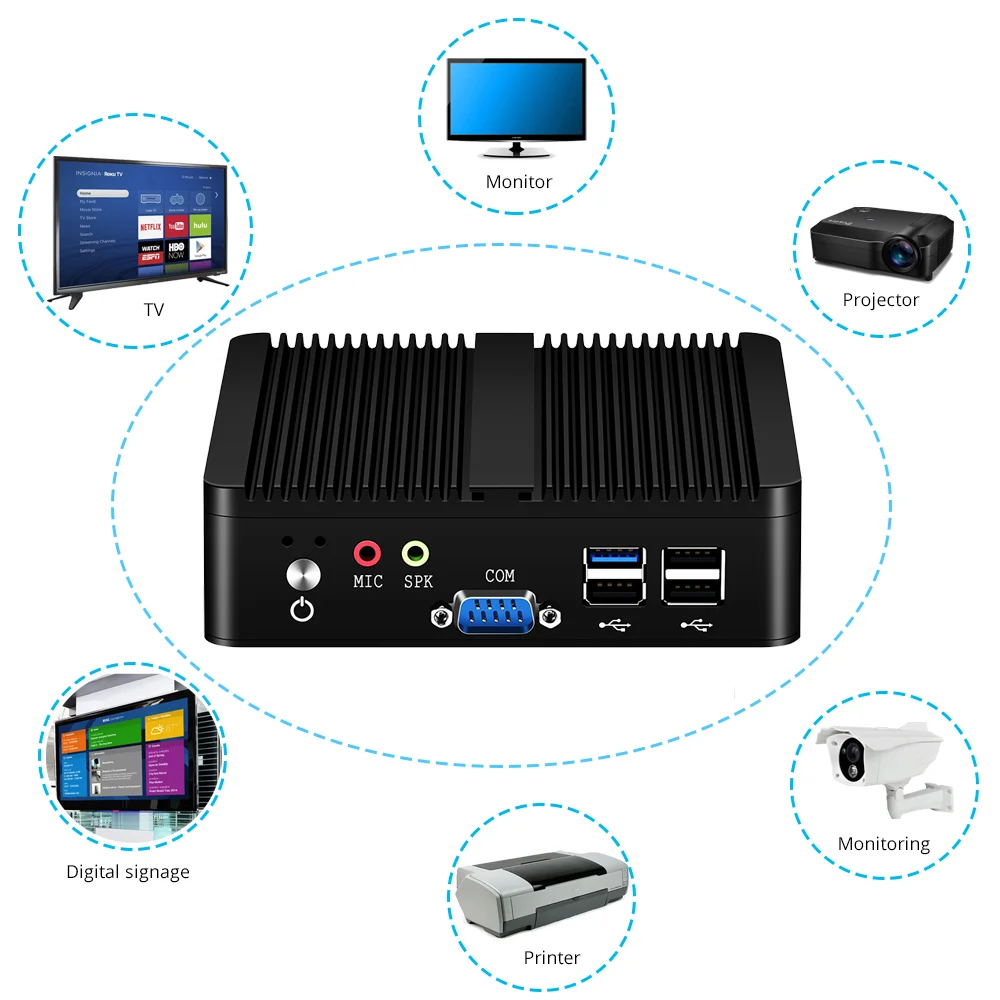 Mini PC industrial sem ventilador Intel J1900 Quad Core 2xGigabit Ethernet 4xUSB WIFI Windows10 Micro Computador