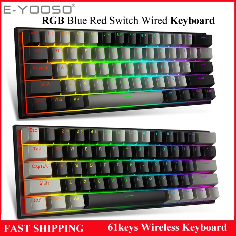 

New 60% USB Ergonomic Gaming Mechanical Wired Keyboard Blue Red Switch RGB Light Backlight Gamer Keyboard for PC Laptop Computer