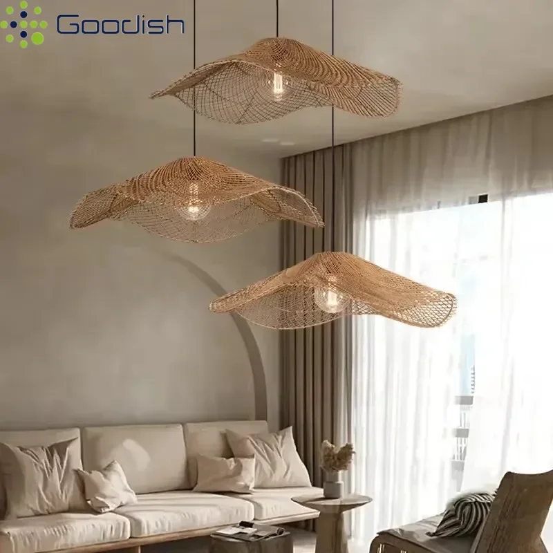 Minimalist Retro Wicker Rattan Straw hat shaped LED Pendant Lights Art Indoor Lamps for Living Room Home Decoration Chandeliers