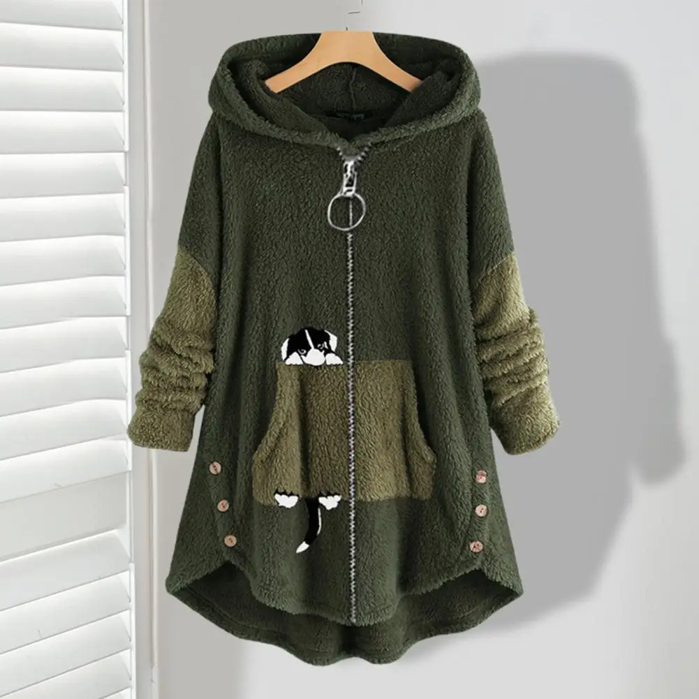 Hooded Long Sleeve Zipper Placket Cartoon Dog Pattern Pockets Women Coat Winter Double Sides Fleece Mid-Length Sweatshirt Coat