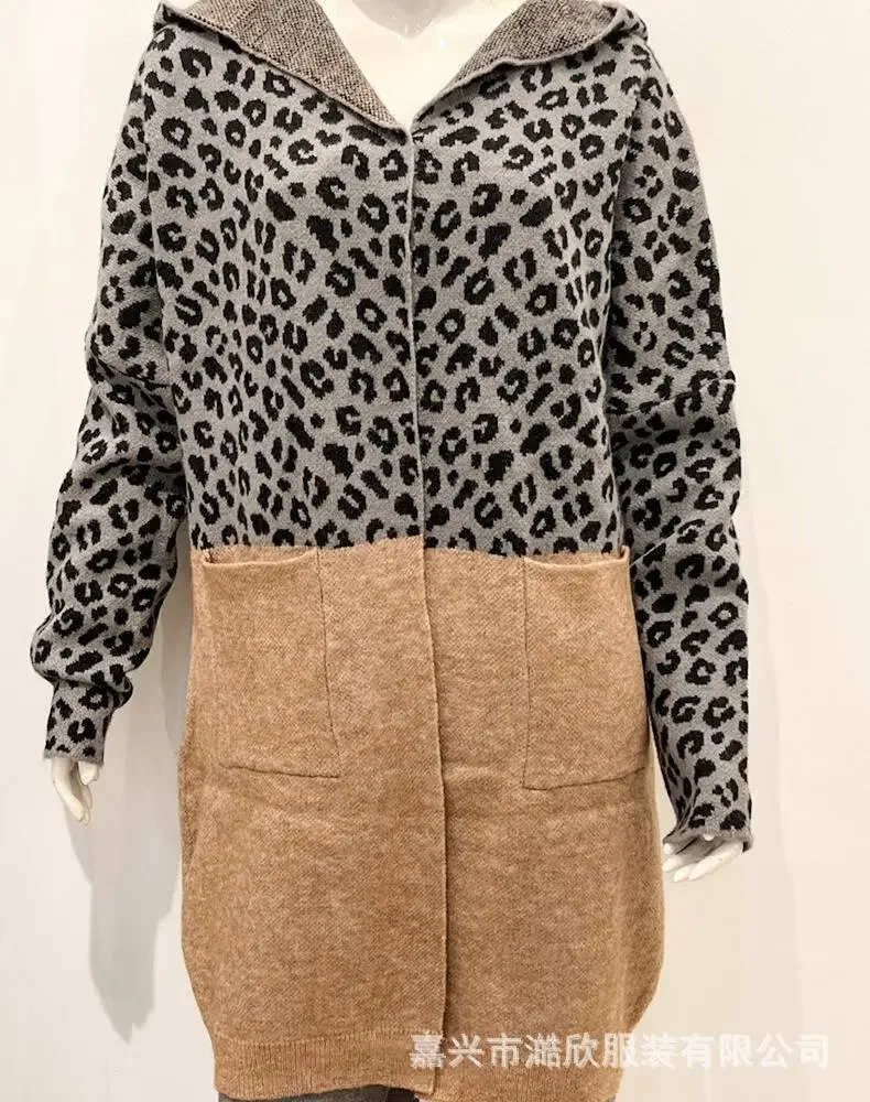 Leopard Cardigan Women Knitted Sweater Pullovers Autumn Winter Warm Thick Jumpers Maxi Brown Crochet Y2k Long Sleeve Jumper