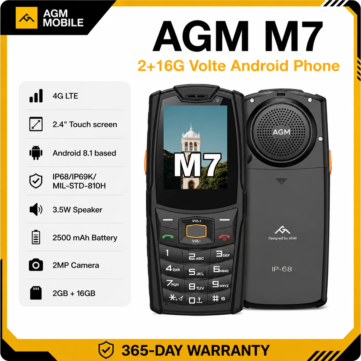 AGM M7 2+16G Volte Android Feature Phone Waterproof Touch Screen 2500mAh Cellphone with English Russian Keyboard