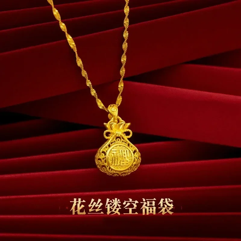 9999 real gold 24K yellow gold Filament Hollow Bag Pendant Necklace