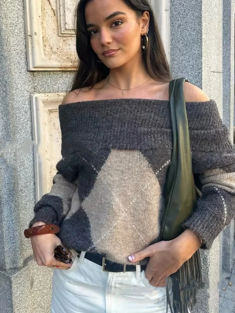Damen Vintage Plaid Stricken Lose Pullover Frauen Elegante Langarm Slash Neck Lose Pullover 2025, Winter Weibliche Strickwaren