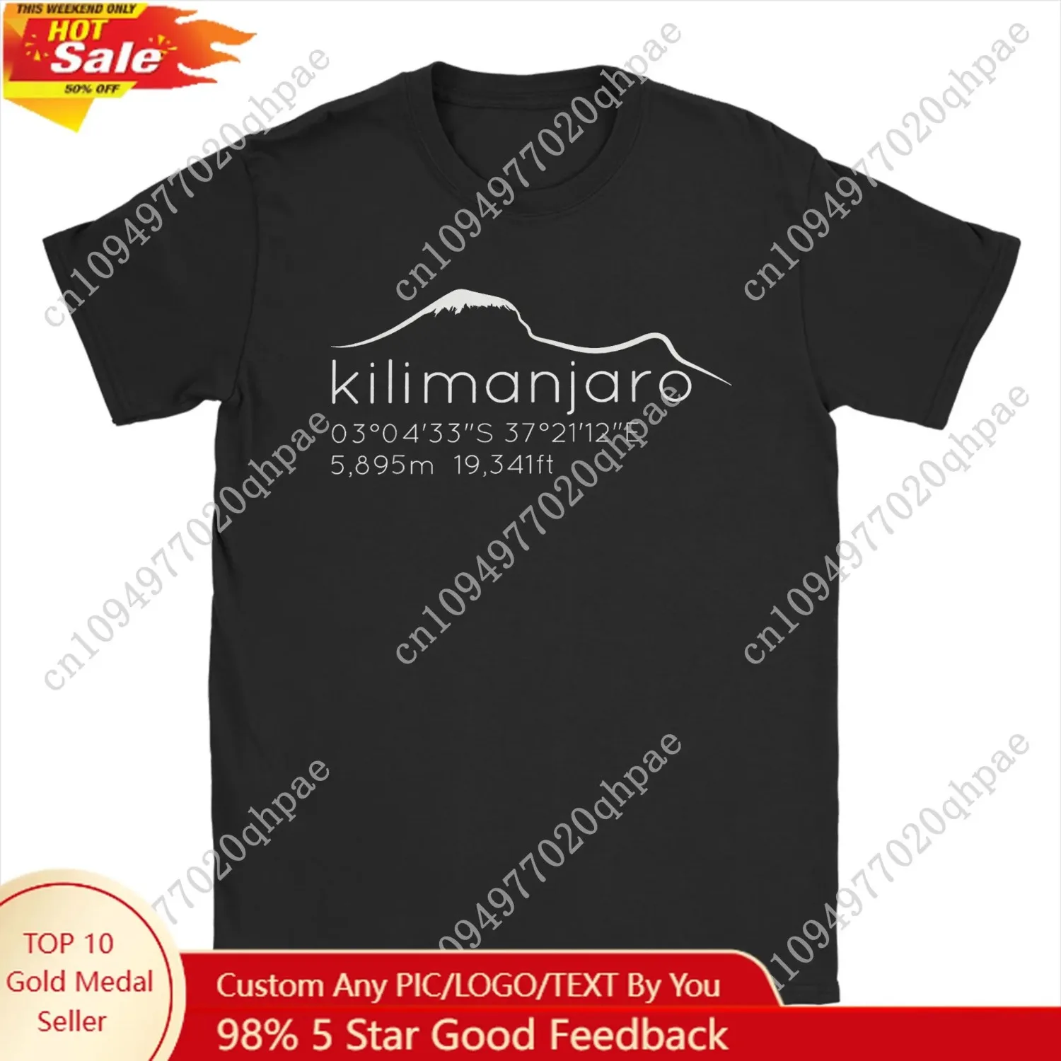 

Casual Kilimanjaro with Lat Long Elevation T-Shirt Men Crewneck Cotton T Shirts Graphic Mount Short Sleeve Tee Printing Clothing