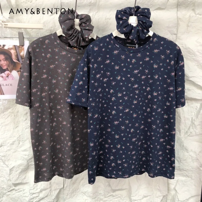 

Винтажная свежая маленькая цветочная модная простая повседневная свободная универсальная футболка с короткими рукавами для женщин, кавайная одежда с резинкой для волос