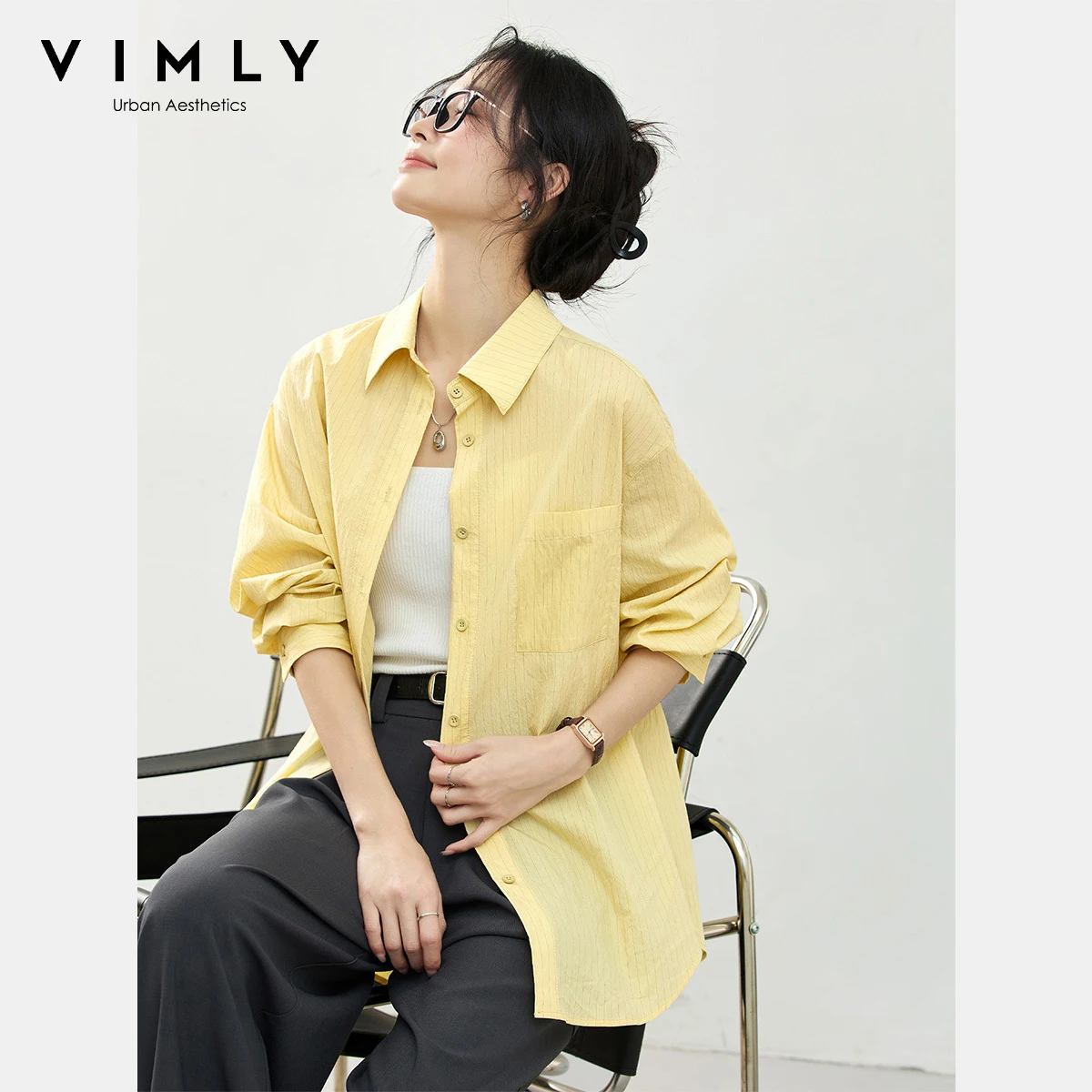 VIMLY Camicie da donna Manica lunga a righe gialle Top da donna Donna 2025 Casual Autunno Nuovo collo a polo Bottoni Camicette femminili A2215