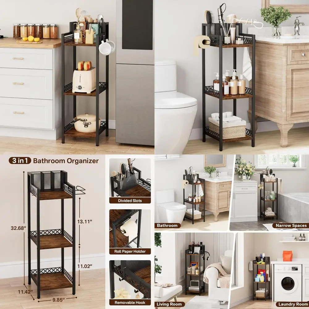 

3-ярусная металлическая полка для ванной с держателем для фена, диспенсером для туалетной бумаги и органайзером для косметики (9.85, черный)