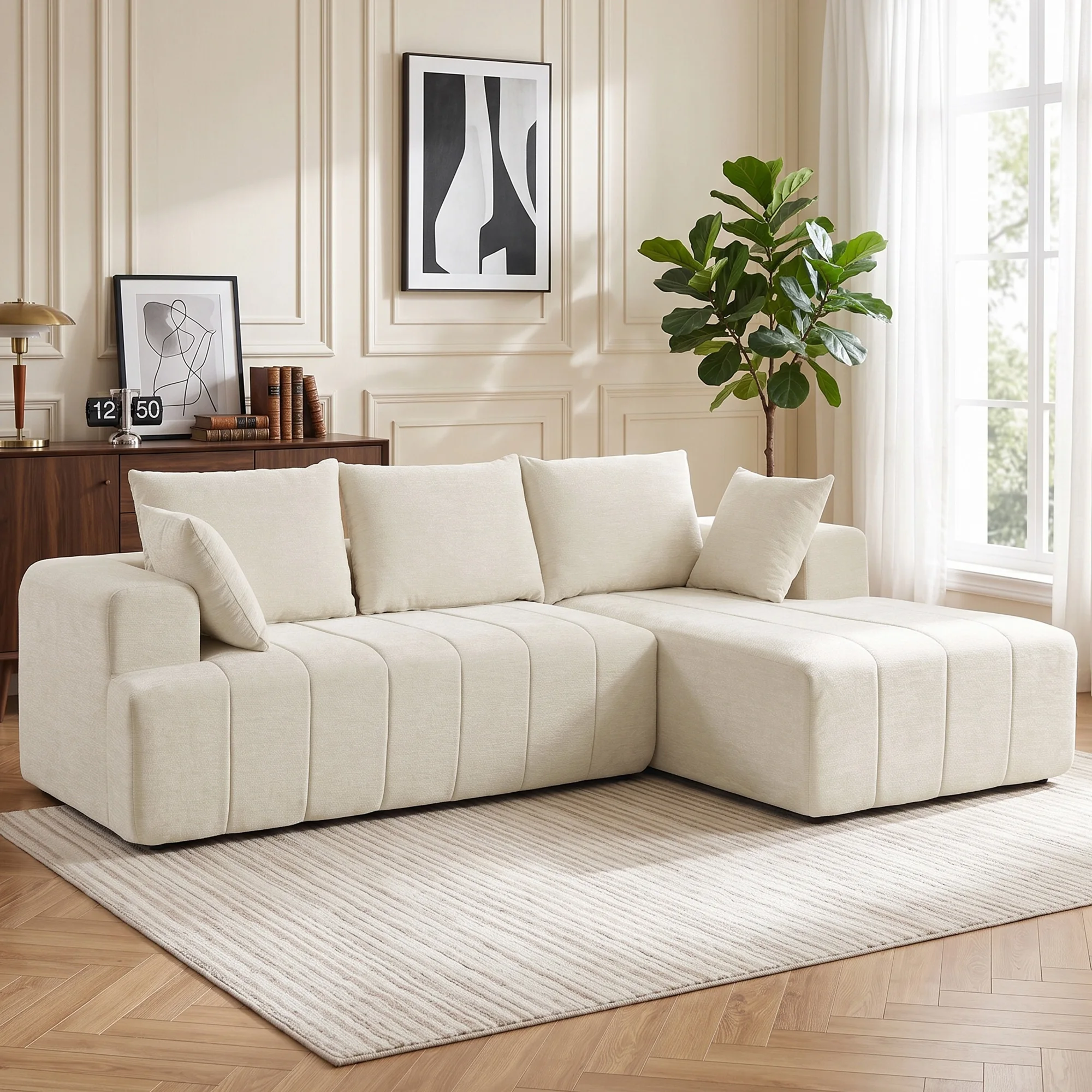 Beżowa, zawiązana w kształcie litery L sofa z elementem wypoczynkowym, szerokim siedziskiem i dużymi podłokietnikami, trzyosobowa sofa narożna do salonu, nowoczesne meble do domu.