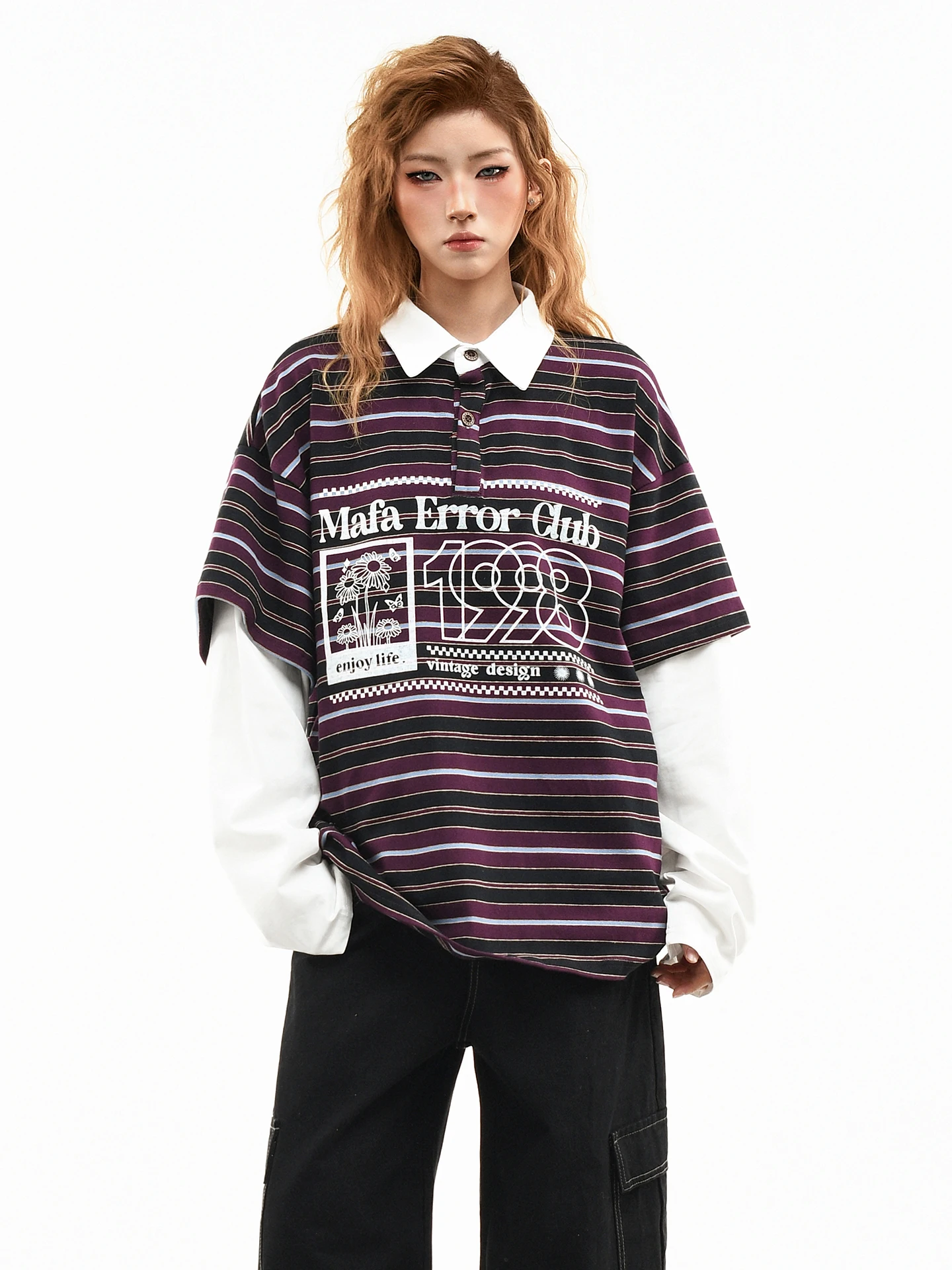 

Женская весенняя повседневная футболка OV Original College свободного кроя с длинным рукавом, фиолетовая в полоску, с принтом INS и вставками