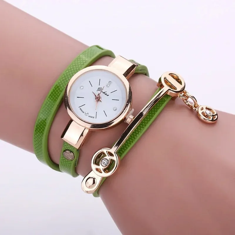 Fashion Casual Women Bracelet Watch Leather Rhinestone Analog Quartz Wristwatch Fashionable Generous PU Leather Bracelet Watch