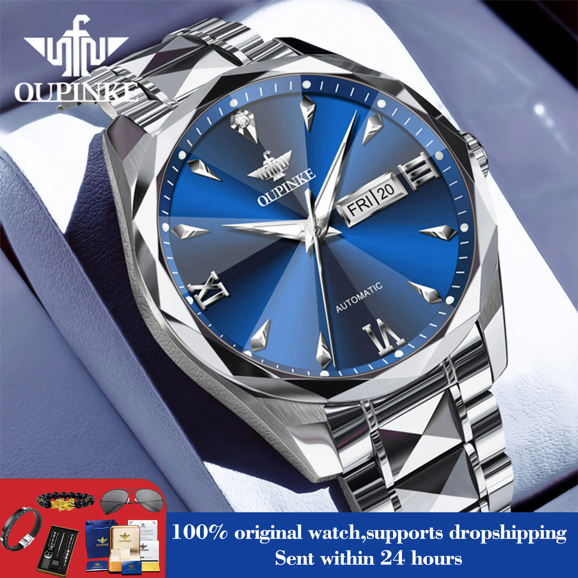 OUPINKE 3315 Watch For Men Rhombus Mirror Dual Calendar Business Mechanical Man Watch Waterproof Luminous Orginal Men Hand Clock
