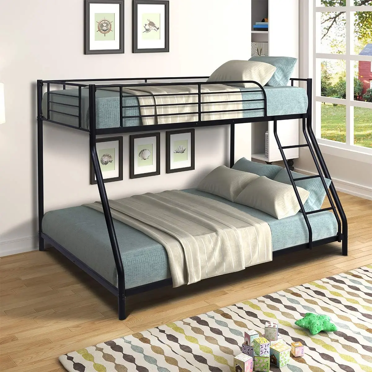 Bed Twin Over Full Sturdy Steel Metal Bed Frame with Flat Ladder and Guardrail for Children/Teens/Adults (Black)