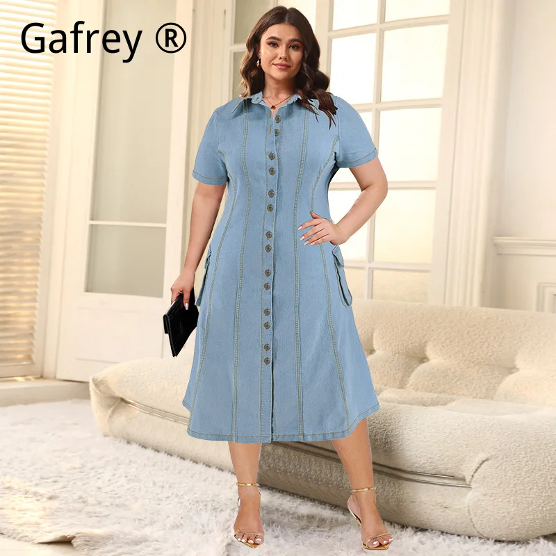 

5XL Plus Size Women Lapel Denim Dress Short Sleeve Button Pocket Casual Midi Dress Fashion Streetwear Slim Fit Soft Jean Outfits