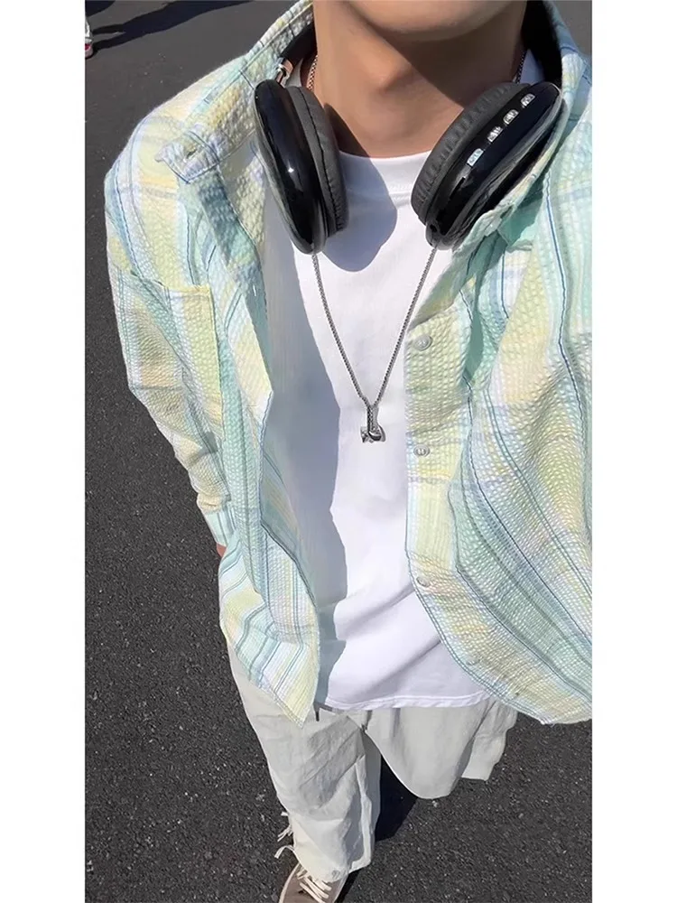 

Mint Green Summer Shirt Men's Long Sleeve Thin Bubble Cloth Texture Casual Shirt Jacket Design Sensation Small Top