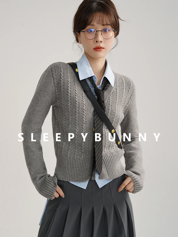 Vintage-Inspired Cable Knit Cardigan and Pleated Skirt Set – Chic Preppy Style with Drawstring Shirt and Embroidered Detailing