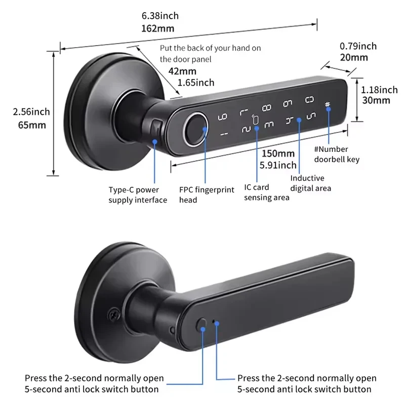 Tuya App Bluetooth Smart Fingerprint Door Lock Password Mechanical Key NFC Unlocking For Wooden Door Handle Lock IP65 Rainproof view 6