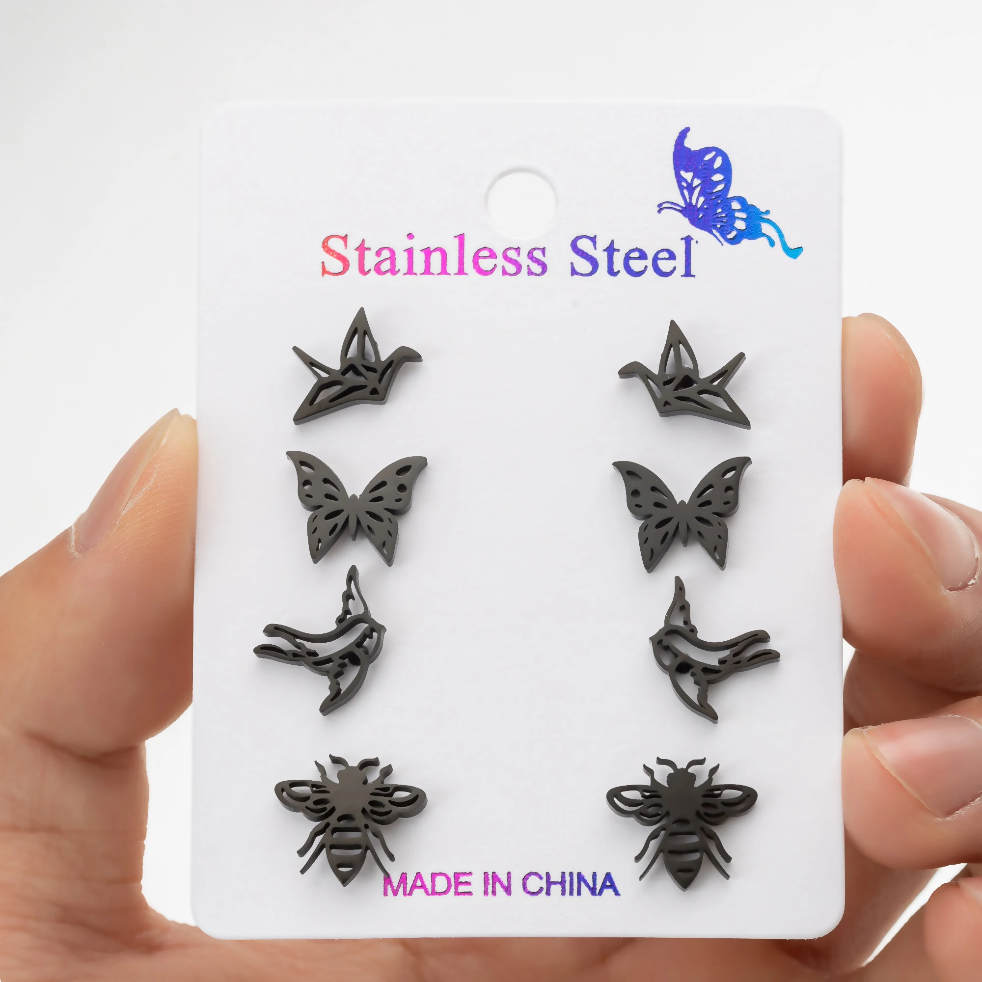 4Pairs/Lot Small Bee Stud Earring Set For Women Stainless Steel Mini Insect Butterfly Earrings Girls Party Jewelry Gift Aretes